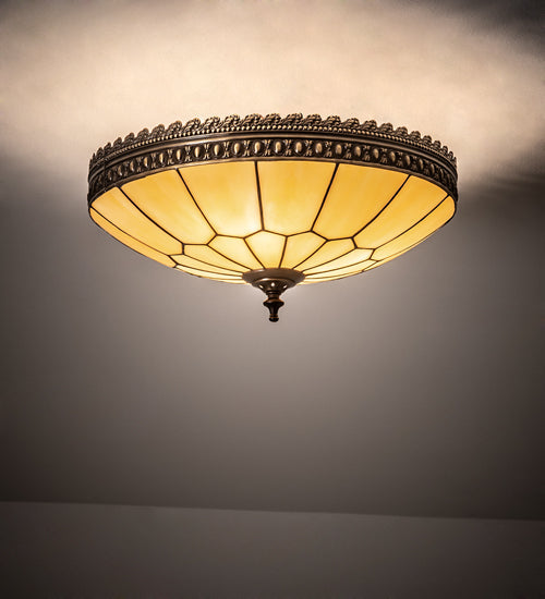 Meyda Lighting Vincent 15" 3-Light Craftsman Brown Highlighted Honeycomb Flush Mount Light With Beige Art Shade Glass