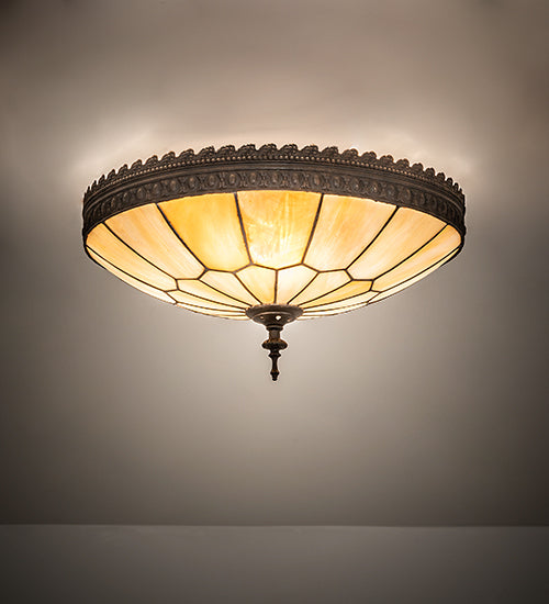 Meyda Lighting Vincent 15" 3-Light Dark Roast Honeycomb Flush Mount Light With Beige Iridescent Art Shade Glass