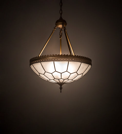 Meyda Lighting Vincent 19" 3-Light Antique Brass Honeycomb Inverted Pendant Light With Clear Frosted Shade Glass