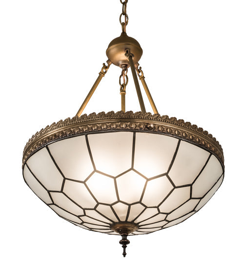 Meyda Lighting Vincent 19" 3-Light Antique Brass Honeycomb Inverted Pendant Light With Clear Frosted Shade Glass