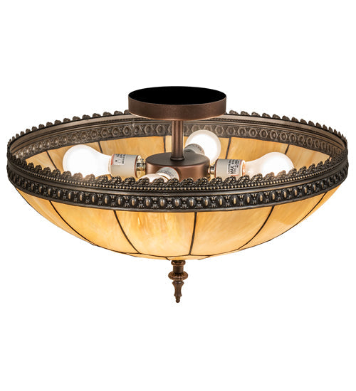 Meyda Lighting Vincent 21" 4-Light Mahogany Bronze & Craftsman Brown Honeycomb Flush Mount Light With Beige Iridescent Shade Glass