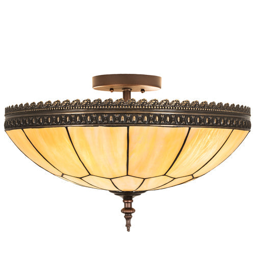 Meyda Lighting Vincent 21" 4-Light Mahogany Bronze & Craftsman Brown Honeycomb Flush Mount Light With Beige Iridescent Shade Glass