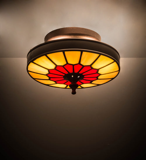 Meyda Lighting Vincent 8" 3-Light Craftsman Brown Honeycomb Flush Mount Light With Red & Beige Stained Shade Glass