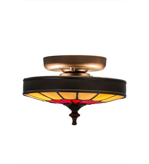 Meyda Lighting Vincent 8" 3-Light Craftsman Brown Honeycomb Flush Mount Light With Red & Beige Stained Shade Glass