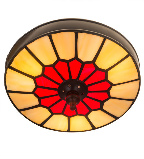 Meyda Lighting Vincent 8" 3-Light Craftsman Brown Honeycomb Flush Mount Light With Red & Beige Stained Shade Glass