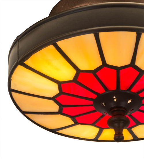 Meyda Lighting Vincent 8" 3-Light Craftsman Brown Honeycomb Flush Mount Light With Red & Beige Stained Shade Glass