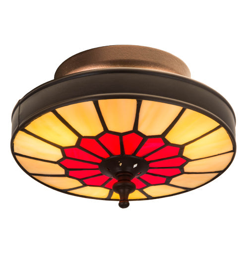 Meyda Lighting Vincent 8" 3-Light Craftsman Brown Honeycomb Flush Mount Light With Red & Beige Stained Shade Glass