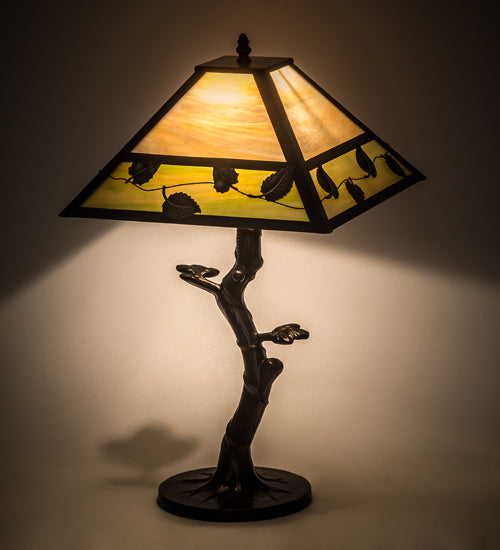 Meyda Lighting Vine Leaf 24" Craftsman Brown Table Lamp With Green & Beige Iridescent Shade Glass