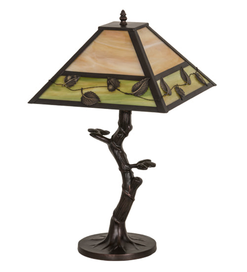 Meyda Lighting Vine Leaf 24" Craftsman Brown Table Lamp With Green & Beige Iridescent Shade Glass