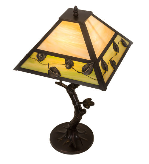 Meyda Lighting Vine Leaf 24" Craftsman Brown Table Lamp With Green & Beige Iridescent Shade Glass