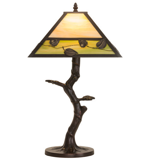 Meyda Lighting Vine Leaf 24" Craftsman Brown Table Lamp With Green & Beige Iridescent Shade Glass