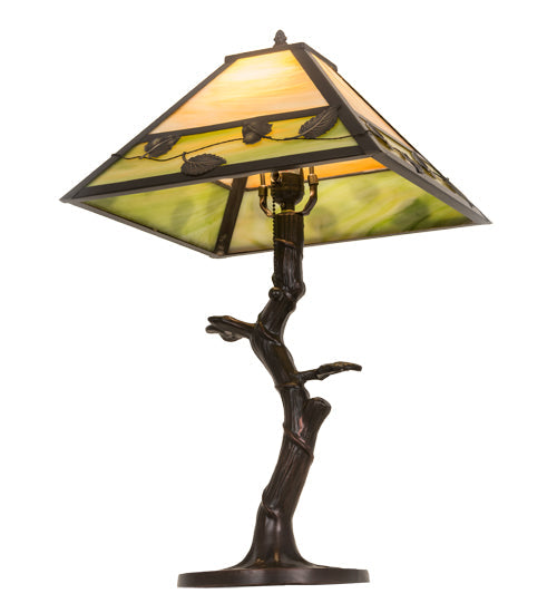 Meyda Lighting Vine Leaf 24" Craftsman Brown Table Lamp With Green & Beige Iridescent Shade Glass