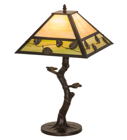 Meyda Lighting Vine Leaf 24" Craftsman Brown Table Lamp With Green & Beige Iridescent Shade Glass