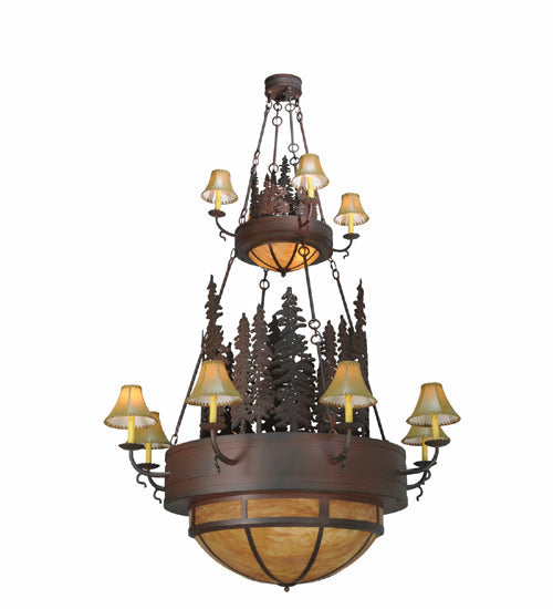 Meyda Lighting Walden Pine 54" 15-Light 2-Tier Rust Over Wrought Iron Chandelier With Ambra Siena Idalight Shade