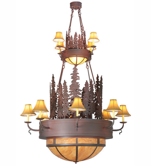 Meyda Lighting Walden Pine 54" 15-Light 2-Tier Rust Over Wrought Iron Chandelier With Ambra Siena Idalight Shade