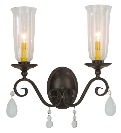 Meyda Lighting Wallis 16" 2-Light Cajun Spice Wall Sconce With Clear Hurricane Shade Glass