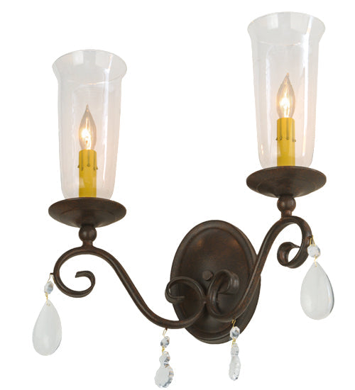 Meyda Lighting Wallis 16" 2-Light Cajun Spice Wall Sconce With Clear Hurricane Shade Glass