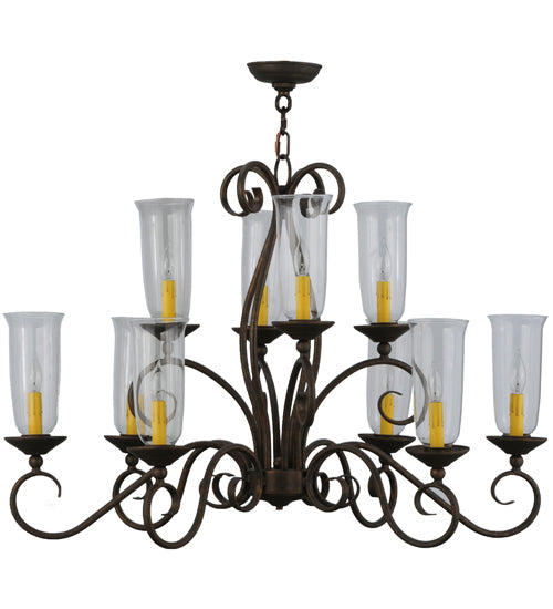 Meyda Lighting Wallis 36" 10-Light Gilded Tobacco Chandelier With Clear Hurricane Shade Glass
