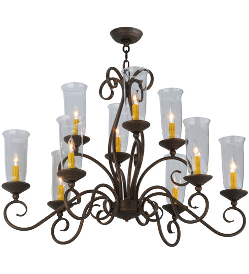 Meyda Lighting Wallis 36" 10-Light Gilded Tobacco Chandelier With Clear Hurricane Shade Glass