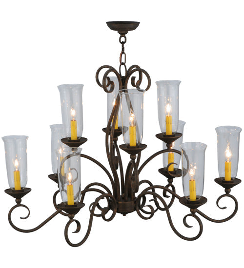 Meyda Lighting Wallis 36" 10-Light Gilded Tobacco Chandelier With Clear Hurricane Shade Glass
