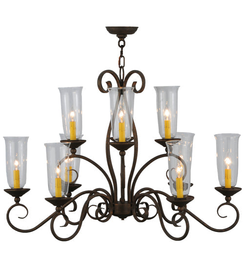 Meyda Lighting Wallis 36" 10-Light Gilded Tobacco Chandelier With Clear Hurricane Shade Glass