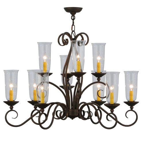Meyda Lighting Wallis 36" 10-Light Gilded Tobacco Chandelier With Clear Hurricane Shade Glass