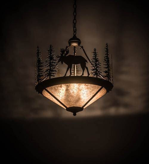 Meyda Lighting Wandering Moose 24" 3-Light Oil Rubbed Bronze & Green Trees Inverted Pendant Light With Silver Mica Shade Glass