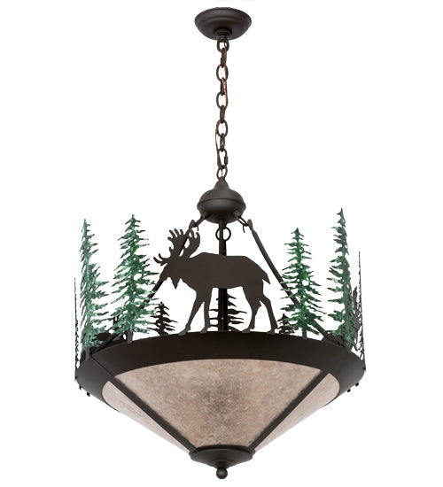 Meyda Lighting Wandering Moose 24" 3-Light Oil Rubbed Bronze & Green Trees Inverted Pendant Light With Silver Mica Shade Glass