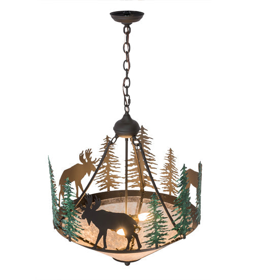 Meyda Lighting Wandering Moose 24" 3-Light Oil Rubbed Bronze & Green Trees Inverted Pendant Light With Silver Mica Shade Glass
