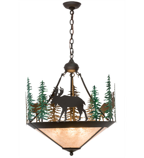 Meyda Lighting Wandering Moose 24" 3-Light Oil Rubbed Bronze & Green Trees Inverted Pendant Light With Silver Mica Shade Glass