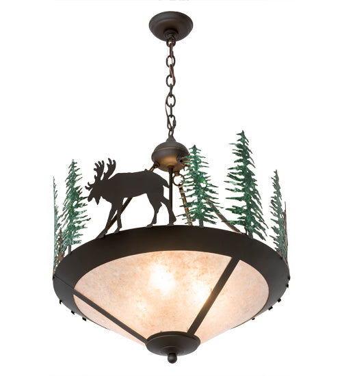 Meyda Lighting Wandering Moose 24" 3-Light Oil Rubbed Bronze & Green Trees Inverted Pendant Light With Silver Mica Shade Glass
