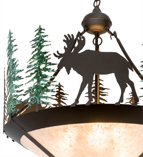 Meyda Lighting Wandering Moose 24" 3-Light Oil Rubbed Bronze & Green Trees Inverted Pendant Light With Silver Mica Shade Glass