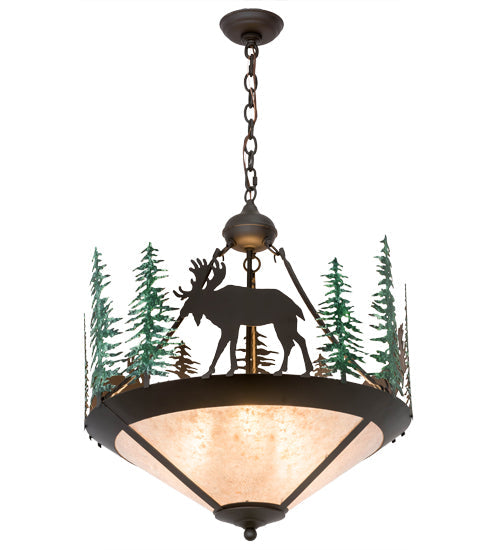 Meyda Lighting Wandering Moose 24" 3-Light Oil Rubbed Bronze & Green Trees Inverted Pendant Light With Silver Mica Shade Glass