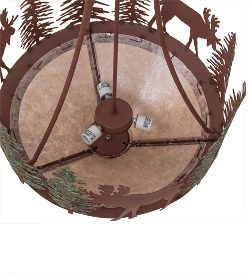 Meyda Lighting Wandering Moose 24" 3-Light Rust & Green Trees Inverted Pendant Light With Silver Mica Shade Glass