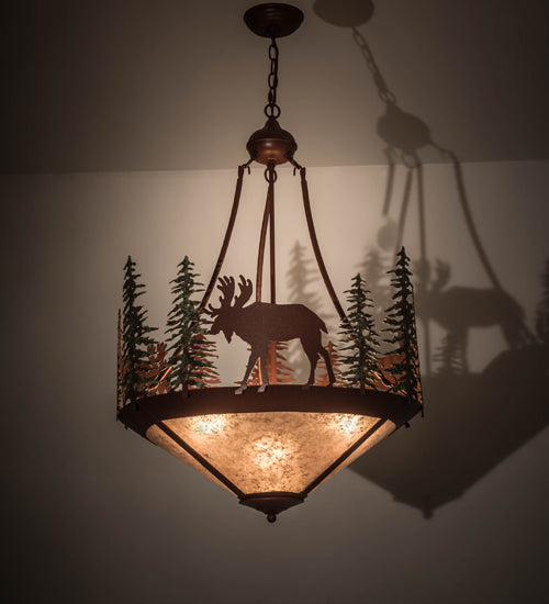 Meyda Lighting Wandering Moose 24" 3-Light Rust & Green Trees Inverted Pendant Light With Silver Mica Shade Glass