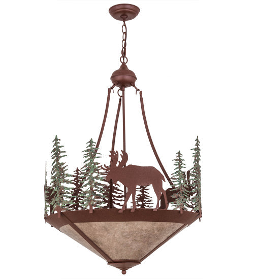 Meyda Lighting Wandering Moose 24" 3-Light Rust & Green Trees Inverted Pendant Light With Silver Mica Shade Glass