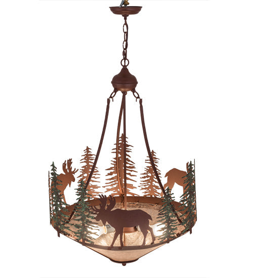 Meyda Lighting Wandering Moose 24" 3-Light Rust & Green Trees Inverted Pendant Light With Silver Mica Shade Glass