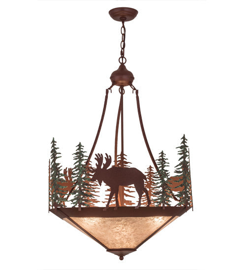 Meyda Lighting Wandering Moose 24" 3-Light Rust & Green Trees Inverted Pendant Light With Silver Mica Shade Glass