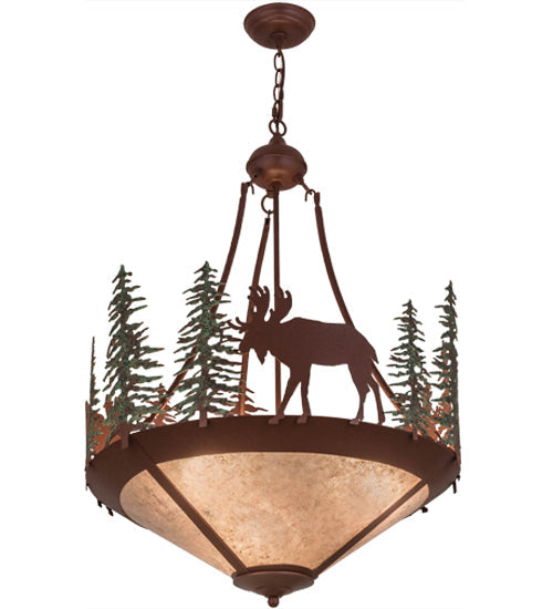 Meyda Lighting Wandering Moose 24" 3-Light Rust & Green Trees Inverted Pendant Light With Silver Mica Shade Glass