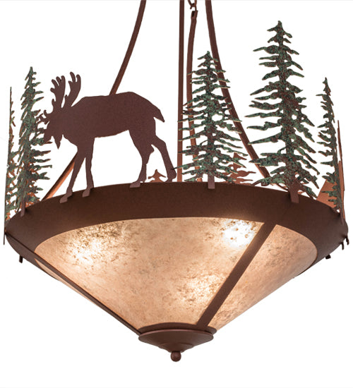 Meyda Lighting Wandering Moose 24" 3-Light Rust & Green Trees Inverted Pendant Light With Silver Mica Shade Glass