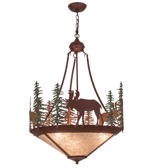 Meyda Lighting Wandering Moose 24" 3-Light Rust & Green Trees Inverted Pendant Light With Silver Mica Shade Glass