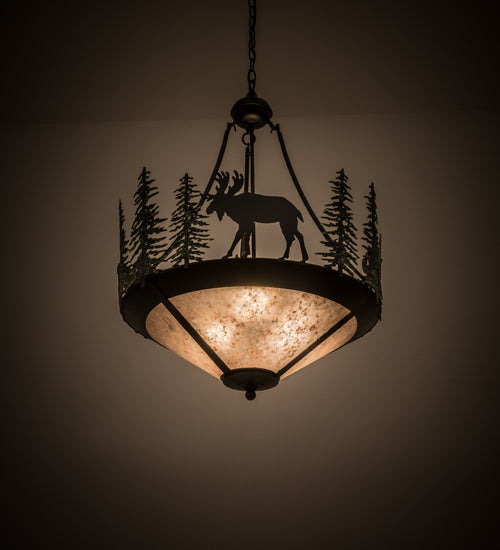 Meyda Lighting Wandering Moose 25" 3-Light Textured Black & Green Trees Inverted Pendant Light Silver Mica Shade Glass