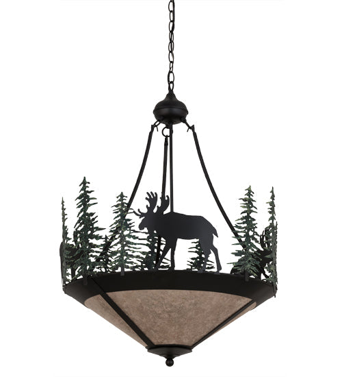 Meyda Lighting Wandering Moose 25" 3-Light Textured Black & Green Trees Inverted Pendant Light Silver Mica Shade Glass