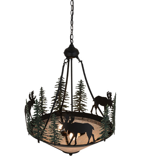 Meyda Lighting Wandering Moose 25" 3-Light Textured Black & Green Trees Inverted Pendant Light Silver Mica Shade Glass