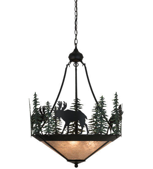 Meyda Lighting Wandering Moose 25" 3-Light Textured Black & Green Trees Inverted Pendant Light Silver Mica Shade Glass