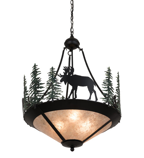 Meyda Lighting Wandering Moose 25" 3-Light Textured Black & Green Trees Inverted Pendant Light Silver Mica Shade Glass
