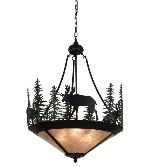 Meyda Lighting Wandering Moose 25" 3-Light Textured Black & Green Trees Inverted Pendant Light Silver Mica Shade Glass