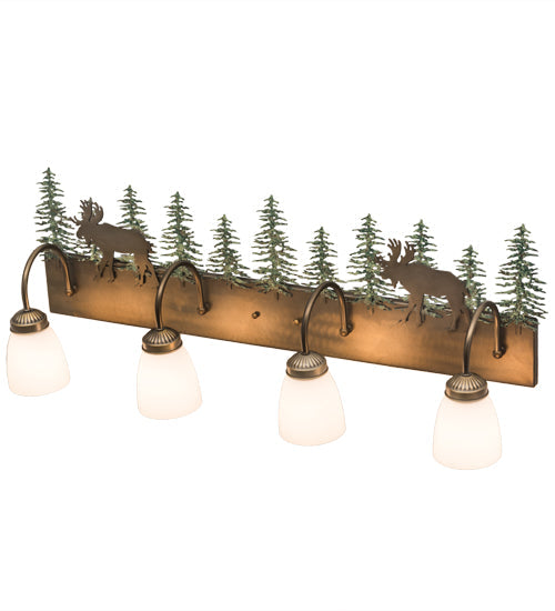 Meyda Lighting Wandering Moose 35" 4-Light Antique Copper and Green Trees Vanity Light With White Shade Glass