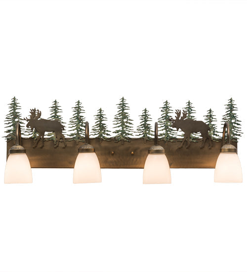 Meyda Lighting Wandering Moose 35" 4-Light Antique Copper and Green Trees Vanity Light With White Shade Glass