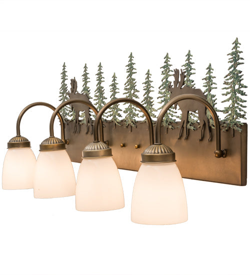 Meyda Lighting Wandering Moose 35" 4-Light Antique Copper and Green Trees Vanity Light With White Shade Glass